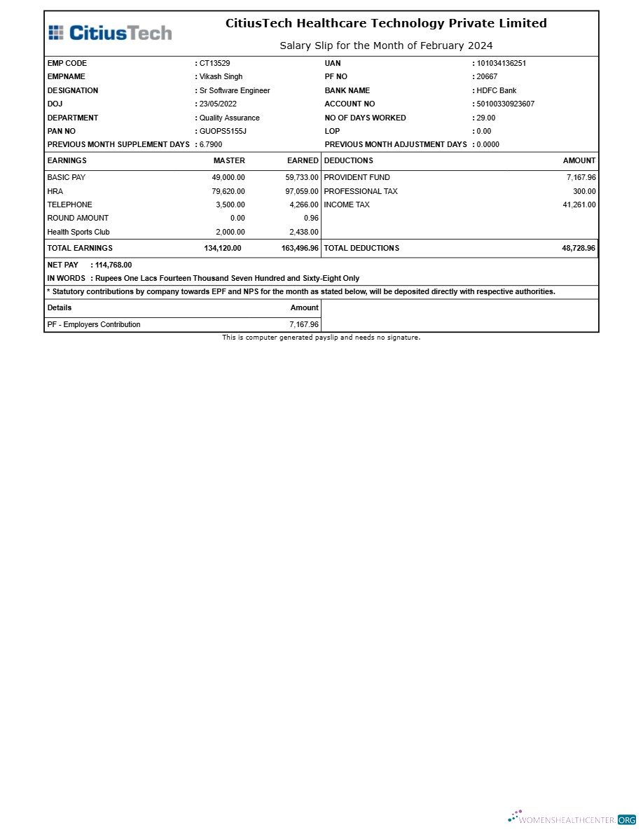 Download CitiusTech Healthcare Technology payslip template in Word and PDF formats.pdf, 1 Photoshop template